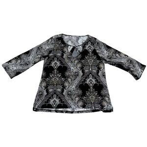 Valerie Stevens‎ Womens XL Black White Paisley 3/4 Sleeve Keyhole Blouse Top